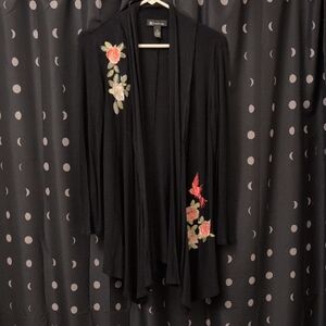 INC International Concepts Black Cardigan with Floral Embroidery